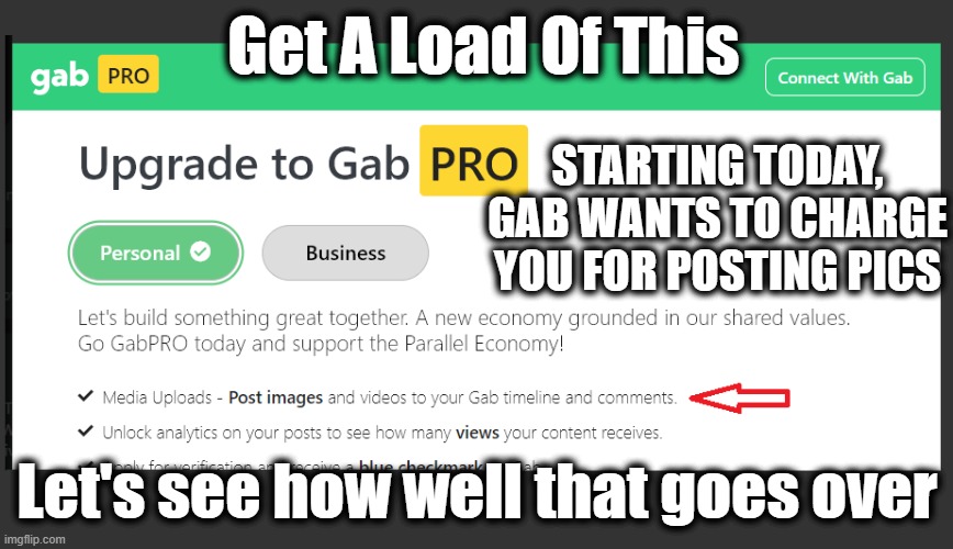Really GAB? Ain't gonna miss ya! | Get A Load Of This; STARTING TODAY, GAB WANTS TO CHARGE YOU FOR POSTING PICS; Let's see how well that goes over | image tagged in gab,gab upgrade,free speech,social media,social platforms | made w/ Imgflip meme maker