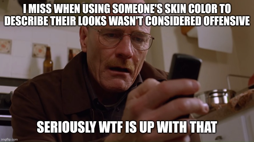 Walter White on his Phone | I MISS WHEN USING SOMEONE'S SKIN COLOR TO DESCRIBE THEIR LOOKS WASN'T CONSIDERED OFFENSIVE; SERIOUSLY WTF IS UP WITH THAT | image tagged in walter white on his phone | made w/ Imgflip meme maker