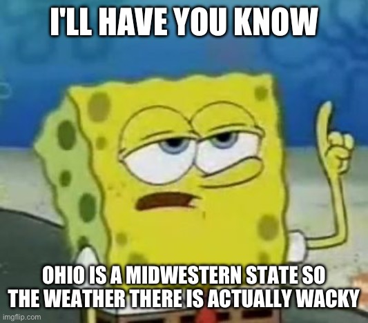I'll Have You Know Spongebob | I'LL HAVE YOU KNOW; OHIO IS A MIDWESTERN STATE SO THE WEATHER THERE IS ACTUALLY WACKY | image tagged in memes,i'll have you know spongebob | made w/ Imgflip meme maker