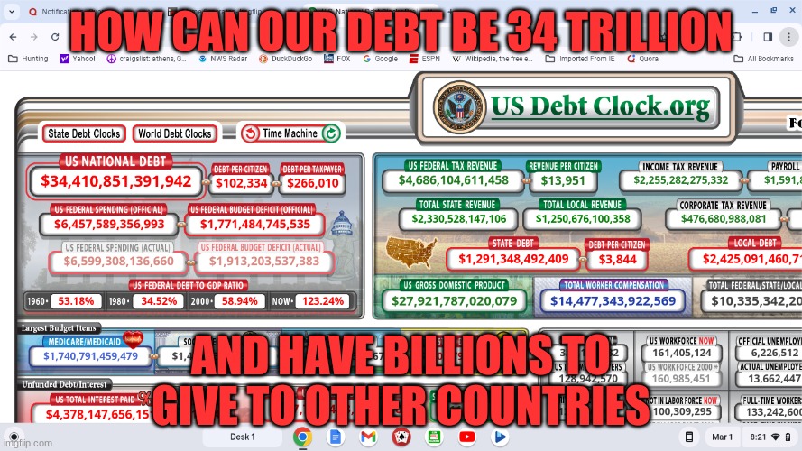 Debt | HOW CAN OUR DEBT BE 34 TRILLION; AND HAVE BILLIONS TO GIVE TO OTHER COUNTRIES | image tagged in debt,politics | made w/ Imgflip meme maker