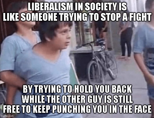 Friend holding back | LIBERALISM IN SOCIETY IS LIKE SOMEONE TRYING TO STOP A FIGHT; BY TRYING TO HOLD YOU BACK WHILE THE OTHER GUY IS STILL FREE TO KEEP PUNCHING YOU IN THE FACE | image tagged in friend holding back | made w/ Imgflip meme maker