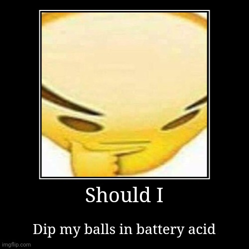 Hmm | Should I | Dip my balls in battery acid | image tagged in funny,demotivationals | made w/ Imgflip demotivational maker