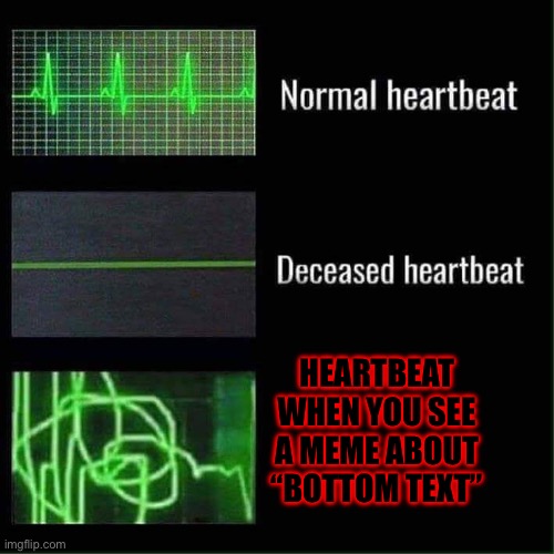 Heart beat meme | HEARTBEAT WHEN YOU SEE A MEME ABOUT “BOTTOM TEXT” | image tagged in heart beat meme | made w/ Imgflip meme maker