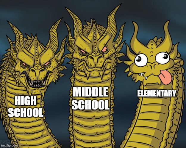 Three-headed Dragon | MIDDLE SCHOOL; ELEMENTARY; HIGH SCHOOL | image tagged in three-headed dragon | made w/ Imgflip meme maker