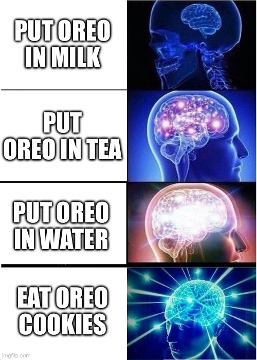 Ok | PUT OREO IN MILK; PUT OREO IN TEA; PUT OREO IN WATER; EAT OREO COOKIES | image tagged in memes,expanding brain | made w/ Imgflip meme maker