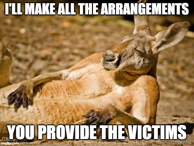 Chillin Kangaroo | I'LL MAKE ALL THE ARRANGEMENTS; YOU PROVIDE THE VICTIMS | image tagged in chillin kangaroo | made w/ Imgflip meme maker