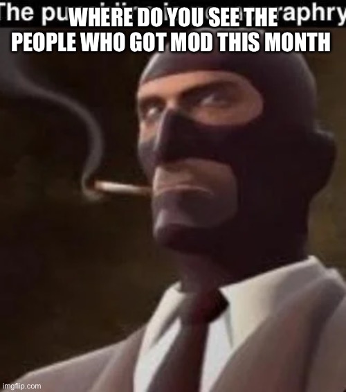 the punchline is pornography | WHERE DO YOU SEE THE PEOPLE WHO GOT MOD THIS MONTH | image tagged in the punchline is pornography | made w/ Imgflip meme maker
