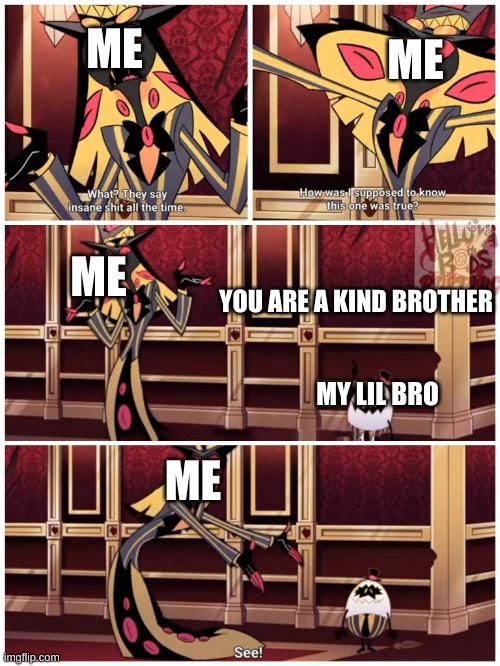 sibling love,no,tough love | ME; ME; ME; YOU ARE A KIND BROTHER; MY LIL BRO; ME | image tagged in sir pentious they say insane shit all the time | made w/ Imgflip meme maker