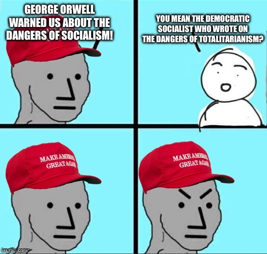 George Orwell literally fought for socialism in Spain…. | YOU MEAN THE DEMOCRATIC SOCIALIST WHO WROTE ON THE DANGERS OF TOTALITARIANISM? GEORGE ORWELL WARNED US ABOUT THE DANGERS OF SOCIALISM! | image tagged in maga npc an an0nym0us template,george orwell,democratic socialism,blank red maga hat,npc meme | made w/ Imgflip meme maker