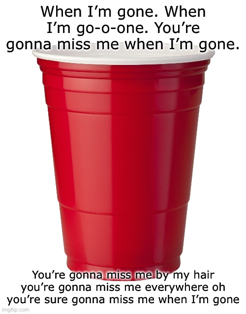 Singing this song in choir lol | When I’m gone. When I’m go-o-one. You’re gonna miss me when I’m gone. You’re gonna miss me by my hair you’re gonna miss me everywhere oh you’re sure gonna miss me when I’m gone | image tagged in red solo cup | made w/ Imgflip meme maker