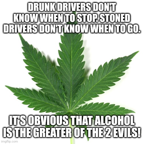 Marijuana leaf | DRUNK DRIVERS DON'T KNOW WHEN TO STOP. STONED DRIVERS DON'T KNOW WHEN TO GO. IT'S OBVIOUS THAT ALCOHOL IS THE GREATER OF THE 2 EVILS! | image tagged in marijuana leaf | made w/ Imgflip meme maker