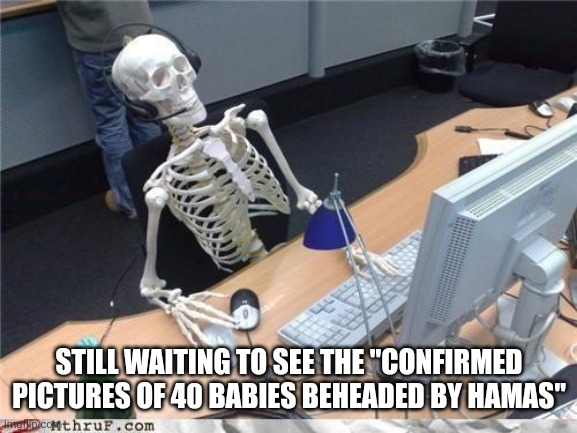I Searched "Hamas Beheading" in the 2010s and Found NOTHING! Hamas NEVER Beheaded ANYONE, Let Alone "40 Babies" on October 7 | STILL WAITING TO SEE THE "CONFIRMED PICTURES OF 40 BABIES BEHEADED BY HAMAS" | image tagged in waiting skeleton,beheading,israel,lies,propaganda,still waiting | made w/ Imgflip meme maker