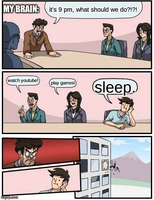 "[ zzz | MY BRAIN:; it's 9 pm, what should we do?!?! watch youtube! play games! sleep. | image tagged in memes,boardroom meeting suggestion | made w/ Imgflip meme maker