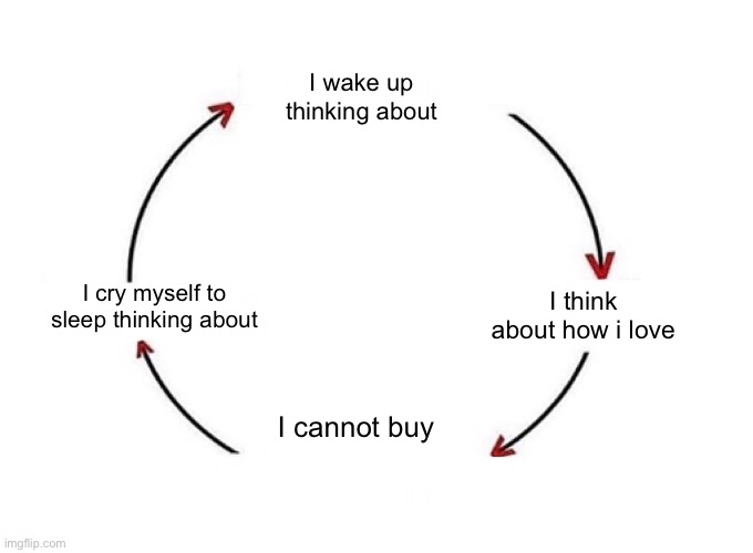 I wake up cycle template | I wake up thinking about; I cry myself to sleep thinking about; I think about how i love; I cannot buy | image tagged in i wake up cycle template | made w/ Imgflip meme maker