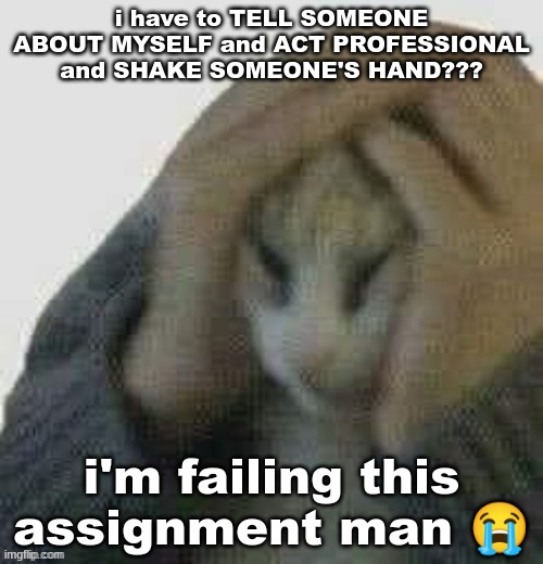 I'M. LIKE. THE MOST ANTISOCIAL PERSON I KNOW OF?? HELP | i have to TELL SOMEONE ABOUT MYSELF and ACT PROFESSIONAL and SHAKE SOMEONE'S HAND??? i'm failing this assignment man 😭 | image tagged in big ass hands | made w/ Imgflip meme maker