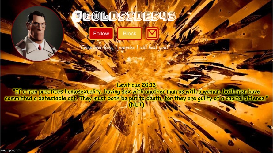 massive W to whoever wrote the bible | Leviticus 20:13
"If a man practices homosexuality, having sex with another man as with a woman, both men have
committed a detestable act. They must both be put to death, for they are guilty of a capital offense."
(NLT) | image tagged in gold's announcement template | made w/ Imgflip meme maker