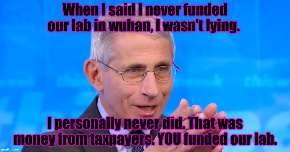 Dr. Fauci 2020 | When I said I never funded our lab in wuhan, I wasn't lying. I personally never did. That was money from taxpayers. YOU funded our lab. | image tagged in dr fauci 2020 | made w/ Imgflip meme maker
