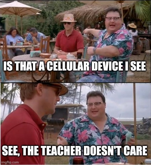 See Nobody Cares Meme | IS THAT A CELLULAR DEVICE I SEE; SEE, THE TEACHER DOESN'T CARE | image tagged in memes see nobody cares | made w/ Imgflip meme maker