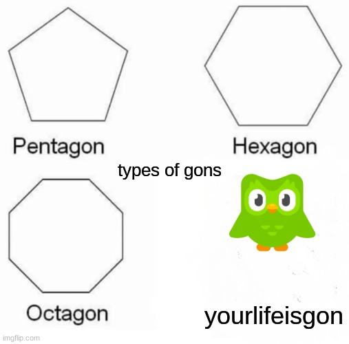 FR types of gon? | types of gons; yourlifeisgon | image tagged in memes,pentagon hexagon octagon | made w/ Imgflip meme maker
