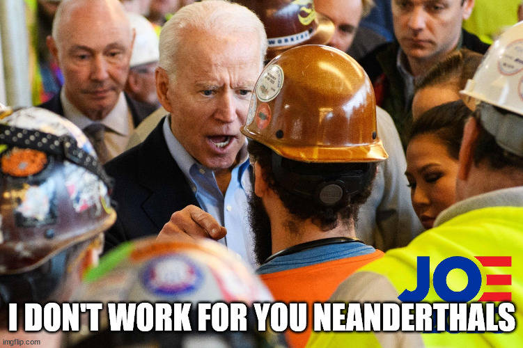Biden calls conservatives Neanderthals | I DON'T WORK FOR YOU NEANDERTHALS | image tagged in angry joe biden,thought i was deplorable,neanderthals | made w/ Imgflip meme maker
