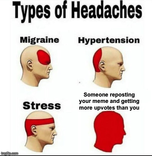 Types of Headaches meme | Someone reposting your meme and getting more upvotes than you | image tagged in types of headaches meme,reposts are annoying | made w/ Imgflip meme maker