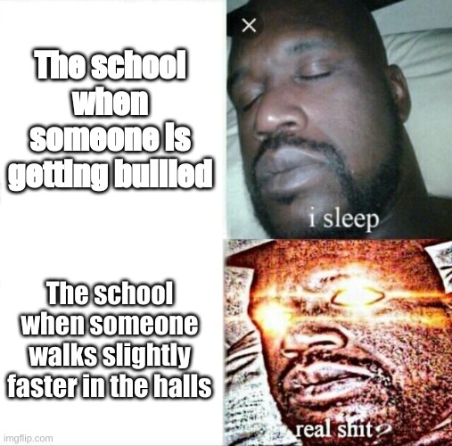 The truth be like | The school when someone is getting bullied; The school when someone walks slightly faster in the halls | image tagged in memes,sleeping shaq | made w/ Imgflip meme maker