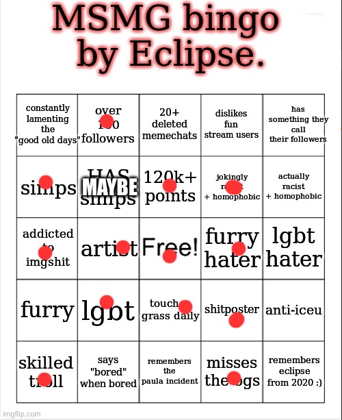 msmg bingo by eclipse | MAYBE | image tagged in msmg bingo by eclipse | made w/ Imgflip meme maker