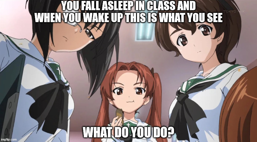 You ask them to let you join Sensha-dō! | YOU FALL ASLEEP IN CLASS AND WHEN YOU WAKE UP THIS IS WHAT YOU SEE; WHAT DO YOU DO? | image tagged in memes,girls und panzer | made w/ Imgflip meme maker