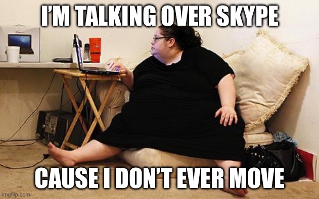 Obese Woman at Computer | I’M TALKING OVER SKYPE CAUSE I DON’T EVER MOVE | image tagged in obese woman at computer | made w/ Imgflip meme maker