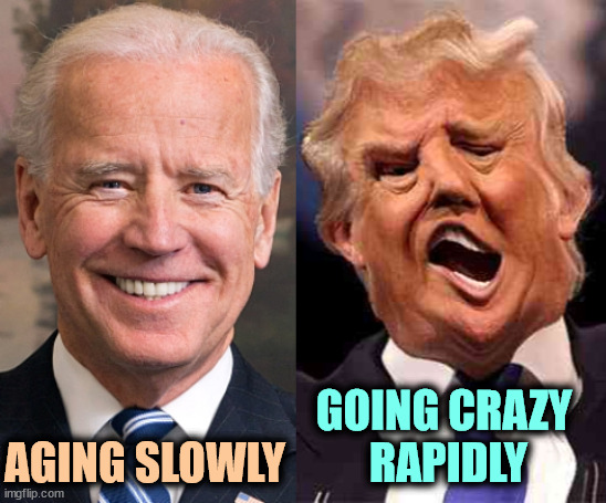 Betcha Trump cracks up before Biden does. | AGING SLOWLY; GOING CRAZY 
RAPIDLY | image tagged in biden formal trump on acid,biden,old,trump,crazy | made w/ Imgflip meme maker