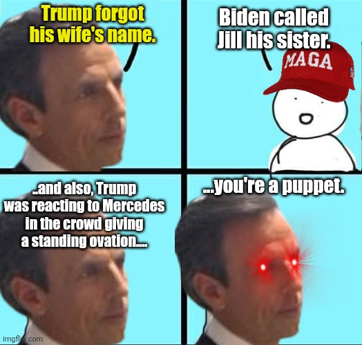 NPC Meme | Trump forgot his wife's name. Biden called Jill his sister. ...you're a puppet. ..and also, Trump was reacting to Mercedes in the crowd giving a standing ovation.... | image tagged in npc meme,puppets,fake news | made w/ Imgflip meme maker
