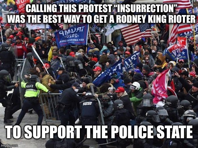 Cop-killer MAGA right wing Capitol Riot January 6th | CALLING THIS PROTEST “INSURRECTION” WAS THE BEST WAY TO GET A RODNEY KING RIOTER; TO SUPPORT THE POLICE STATE | image tagged in cop-killer maga right wing capitol riot january 6th,stupid liberals,liberal logic,new normal,blm | made w/ Imgflip meme maker