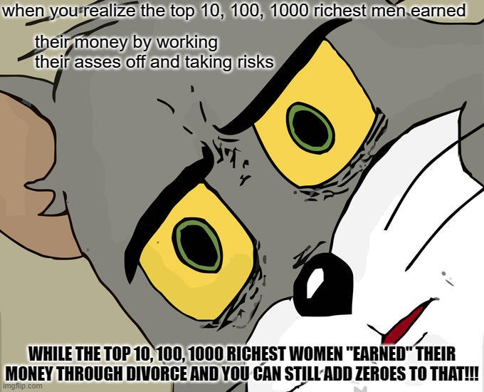 Rich Men vs. Rich Women | when you realize the top 10, 100, 1000 richest men earned; their money by working their asses off and taking risks; WHILE THE TOP 10, 100, 1000 RICHEST WOMEN "EARNED" THEIR MONEY THROUGH DIVORCE AND YOU CAN STILL ADD ZEROES TO THAT!!! | image tagged in memes,unsettled tom,divorce,earn | made w/ Imgflip meme maker