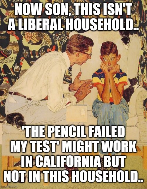 'guns kill people' | NOW SON, THIS ISN'T A LIBERAL HOUSEHOLD.. 'THE PENCIL FAILED MY TEST' MIGHT WORK IN CALIFORNIA BUT NOT IN THIS HOUSEHOLD.. | image tagged in memes,the problem is | made w/ Imgflip meme maker