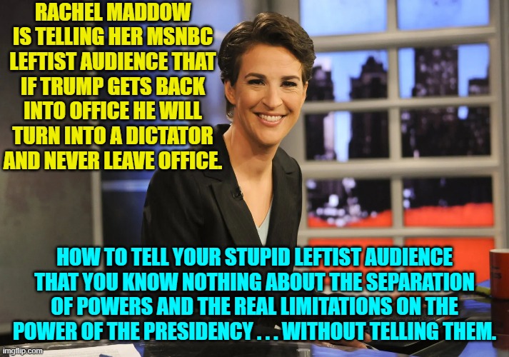 Hey leftists . . . you really need to 'up' your intellectual game. | RACHEL MADDOW IS TELLING HER MSNBC LEFTIST AUDIENCE THAT IF TRUMP GETS BACK INTO OFFICE HE WILL TURN INTO A DICTATOR AND NEVER LEAVE OFFICE. HOW TO TELL YOUR STUPID LEFTIST AUDIENCE THAT YOU KNOW NOTHING ABOUT THE SEPARATION OF POWERS AND THE REAL LIMITATIONS ON THE POWER OF THE PRESIDENCY . . . WITHOUT TELLING THEM. | image tagged in yep | made w/ Imgflip meme maker
