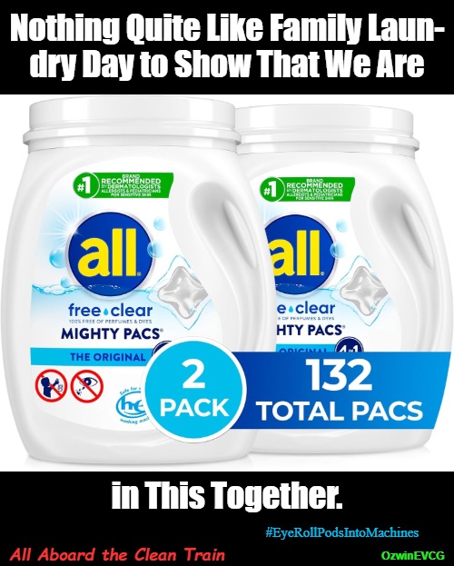 All Aboard the Clean Train | Nothing Quite Like Family Laun-
dry Day to Show That We Are; in This Together. #EyeRollPodsIntoMachines; All Aboard the Clean Train; OzwinEVCG | image tagged in chores,family life,eyeroll memes,bad hashtags,dirty laundry,unity | made w/ Imgflip meme maker