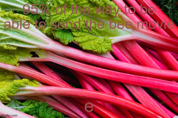 rhubarb | 95% of the way to be able to send the bee movie; e | image tagged in rhubarb | made w/ Imgflip meme maker
