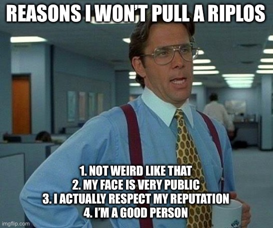 That Would Be Great | REASONS I WON’T PULL A RIPLOS; 1. NOT WEIRD LIKE THAT
2. MY FACE IS VERY PUBLIC
3. I ACTUALLY RESPECT MY REPUTATION
4. I’M A GOOD PERSON | image tagged in memes,that would be great | made w/ Imgflip meme maker