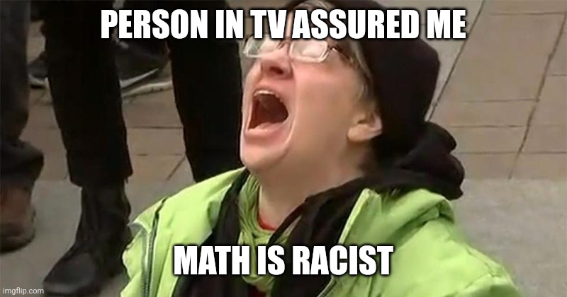 crying liberal | PERSON IN TV ASSURED ME MATH IS RACIST | image tagged in crying liberal | made w/ Imgflip meme maker