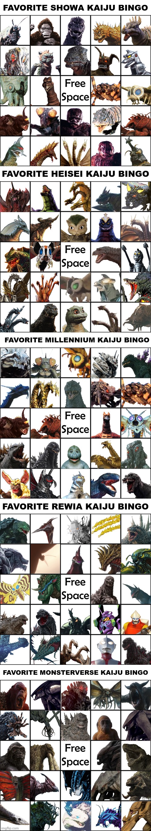 Some kaiju didn't make it in one of these bingos but here you go anyways | image tagged in favorite showa kaiju bingo,favorite heisei kaiju bingo,favorite millennium kaiju bingo,favorite reiwa kaiju bingo | made w/ Imgflip meme maker