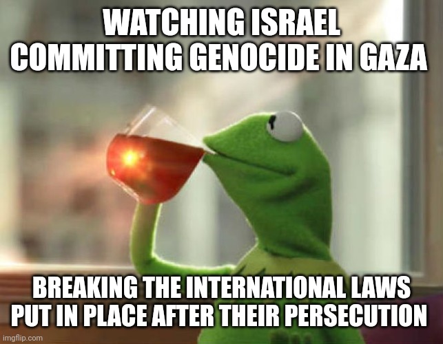 Ohh the irony | WATCHING ISRAEL COMMITTING GENOCIDE IN GAZA; BREAKING THE INTERNATIONAL LAWS PUT IN PLACE AFTER THEIR PERSECUTION | image tagged in memes,but that's none of my business neutral | made w/ Imgflip meme maker