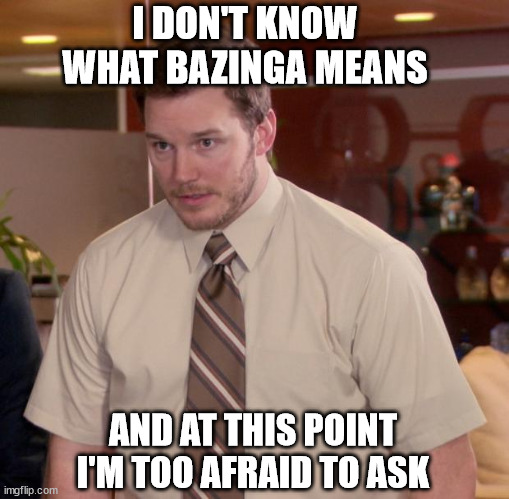 seriously what does it mean? | I DON'T KNOW WHAT BAZINGA MEANS; AND AT THIS POINT I'M TOO AFRAID TO ASK | image tagged in memes,afraid to ask andy | made w/ Imgflip meme maker