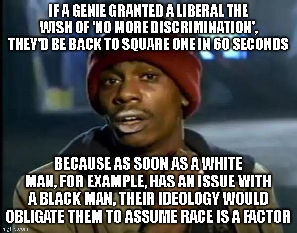 Y'all Got Any More Of That | IF A GENIE GRANTED A LIBERAL THE WISH OF 'NO MORE DISCRIMINATION', THEY'D BE BACK TO SQUARE ONE IN 60 SECONDS; BECAUSE AS SOON AS A WHITE MAN, FOR EXAMPLE, HAS AN ISSUE WITH A BLACK MAN, THEIR IDEOLOGY WOULD OBLIGATE THEM TO ASSUME RACE IS A FACTOR | image tagged in memes,y'all got any more of that | made w/ Imgflip meme maker