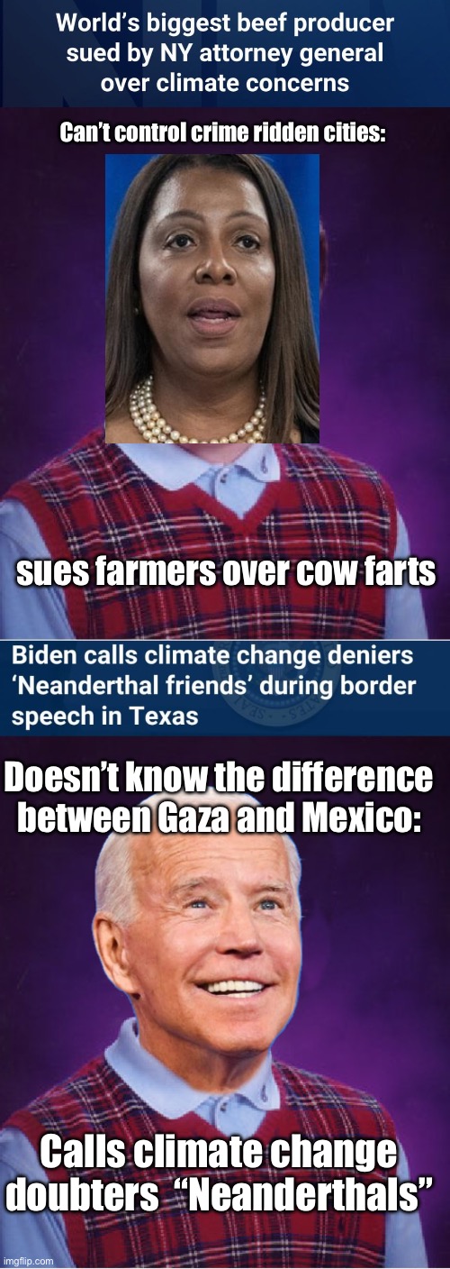 2 for 1 derp sale | Can’t control crime ridden cities:; sues farmers over cow farts; Doesn’t know the difference between Gaza and Mexico:; Calls climate change doubters  “Neanderthals” | image tagged in memes,bad luck brian,bad luck biden,derp,liberal logic,government corruption | made w/ Imgflip meme maker