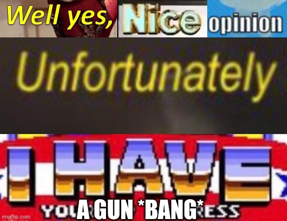 Well yes, nice opinion. Unfortunately I have your IP address | A GUN *BANG* | image tagged in well yes nice opinion unfortunately i have your ip address | made w/ Imgflip meme maker