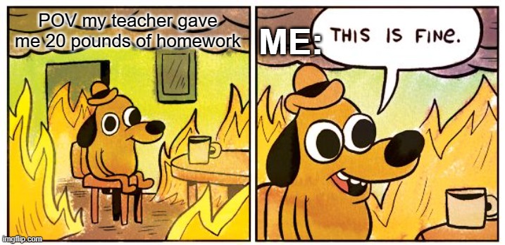 Homework | POV my teacher gave me 20 pounds of homework; ME: | image tagged in memes,this is fine | made w/ Imgflip meme maker