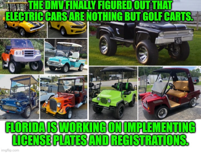 Funny | THE DMV FINALLY FIGURED OUT THAT ELECTRIC CARS ARE NOTHING BUT GOLF CARTS. FLORIDA IS WORKING ON IMPLEMENTING LICENSE PLATES AND REGISTRATIONS. | image tagged in funny | made w/ Imgflip meme maker