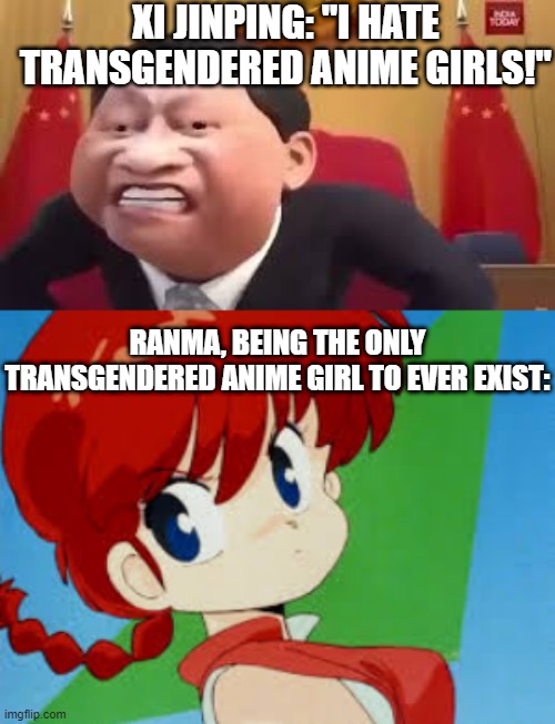 XI JINPING: "I HATE TRANSGENDERED ANIME GIRLS!"; RANMA, BEING THE ONLY TRANSGENDERED ANIME GIRL TO EVER EXIST: | image tagged in transgender,xi jinping | made w/ Imgflip meme maker