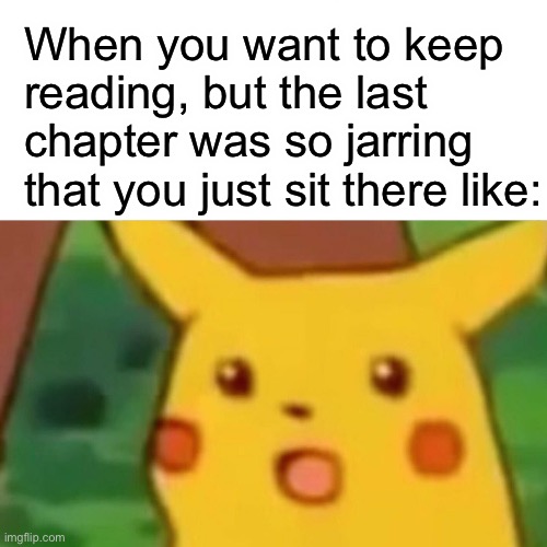 Surprised Pikachu Meme | When you want to keep reading, but the last chapter was so jarring that you just sit there like: | image tagged in memes,surprised pikachu | made w/ Imgflip meme maker