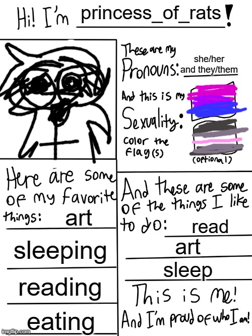 hi | princess_of_rats; she/her and they/them; art; read; sleeping; art; sleep; reading; eating | image tagged in lgbtq stream account profile | made w/ Imgflip meme maker